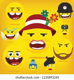 Set of emotions, faces with different facial expressions on yellow background