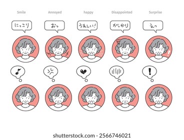 Set of emotions, facial expressions and comic speech bubbles for elderly women(smile, annoyed, happy, disappointed, surprised)