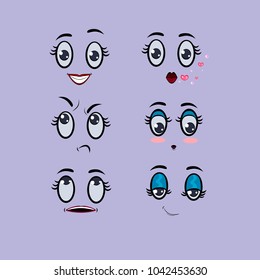 Set of emotions. Funny cartoon women's faces.