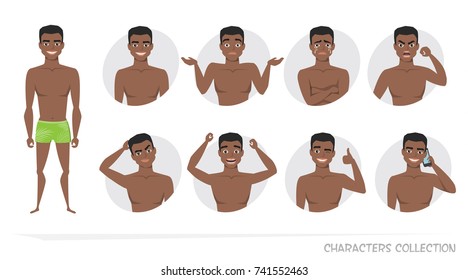 Set of emotions and gestures to the young black african american man.