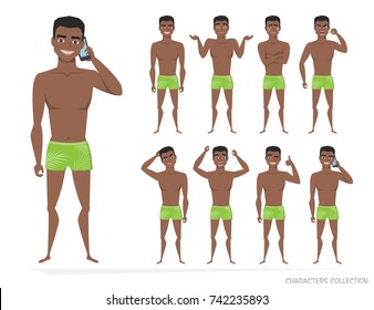 Set of emotions and gestures to the young black african american man.