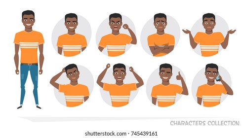 Set of emotions and gestures to the young black african american man. Guy in a different mood. Boys emotions, man in a casual cloth.