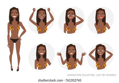 Set of emotions and gestures to the young black african american woman.