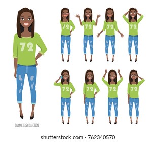 Set of emotions and gestures to the young black african american woman.