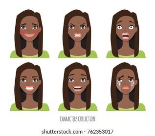 Set of emotions and gestures to the young black african american woman.