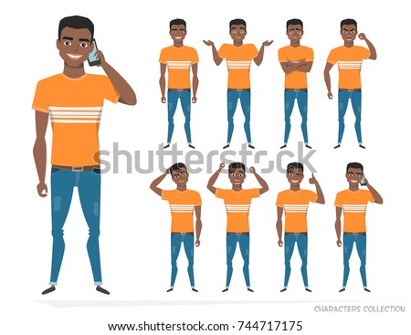 Set of emotions and gestures to the young black african american man. Guy in a different mood. Boys emotions, man in a casual cloth.
