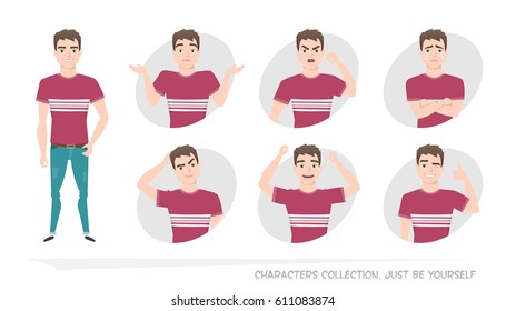 Set of emotions and gestures to the young man. Guy in a different mood. Boys emotions, man in everyday life.
