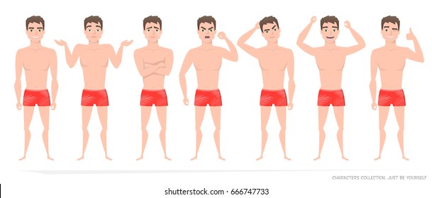 Set of emotions and gestures to the young man. Guy in a different mood. Boys emotions, man in a beach swimsuit.