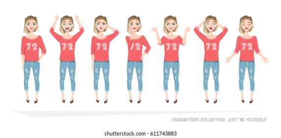 Set of emotions and gestures to the young woman.