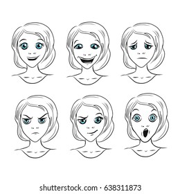 The set of emotions girl. Vector illustration. Six different human emotions: fear, smile, laughter, sadness, anger,  sneer.