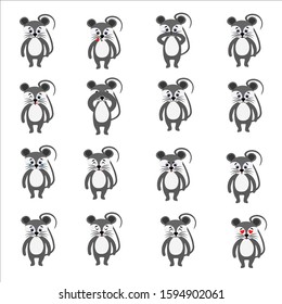 Set of emotions of gray mice isolated on a white background. Stock vector illustration for decoration and design, postcards, posters, banner, fabrics, stickers, children's books, web pages and more.