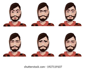 Conjunto de emociones de un hombre hipster. Ilustración vectorial.