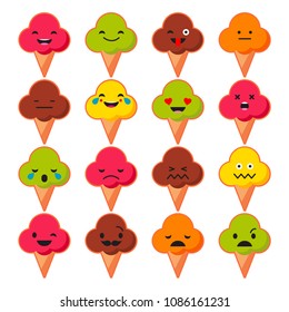 Set Emotions Ice Cream. Cute cartoon. Vector style smile icons. 