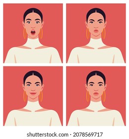 A set of emotions of a Latin American woman's face. Avatars. Happiness, anger, sadness and surprise. Vector illustration