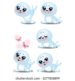 The set of emotions a little animated seal isolated on white background. Sample of poster, party holiday invitation, festive banner, card. Vector cartoon close-up illustration.