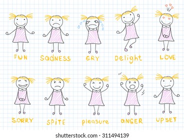 Set of emotions of a little girl. Sketch on notebook page