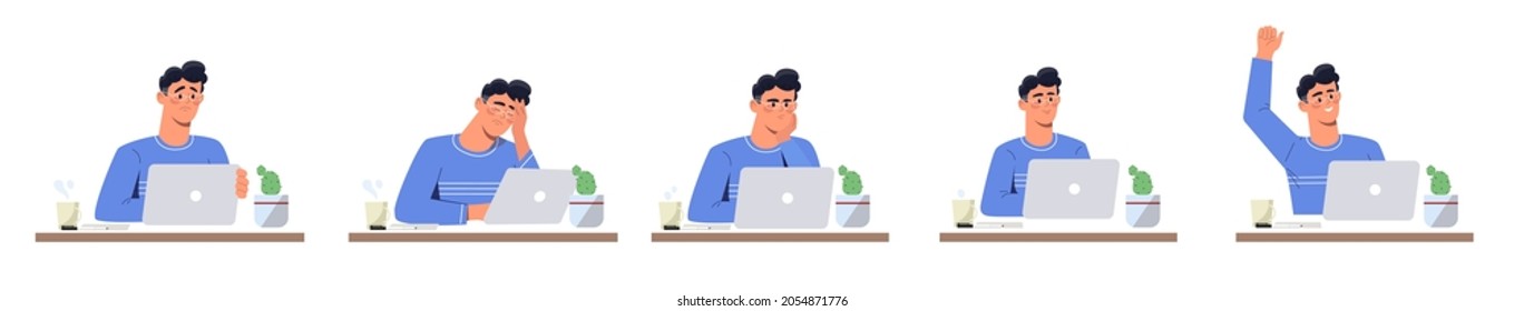 Set of emotions. Man works at laptop. Programmer celebrating success at work, success. Tired and successful worker, close to deadline. Cartoon flat vector illustration isolated on white background - Shutterstock ID 2054871776