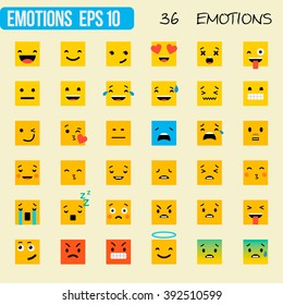 A set of emotions. Emotions on a light pastel tone, flat illustration. Square emoticons. Square emoji. Expressions in a square. Emoticon icon. Different emotions collection. Emoticon isolated.
