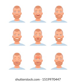 Set of emotions on a mans bearded face. Vector illustration in cartoon style.