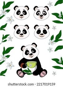 Set emotions Panda.Happy, sad, astonishment and meditates expressions head. Vector illustration. Cartoon Orange squirrel funny for icons, stickers and web. For printing products