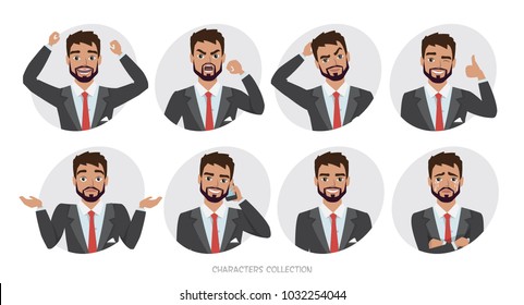 Set of emotions and poses for business man. Portrait of Male in a cartoon style experiences different emotions