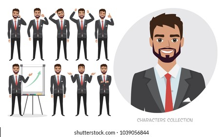 Set of emotions and poses for business man. Male in a cartoon style experiences different emotions