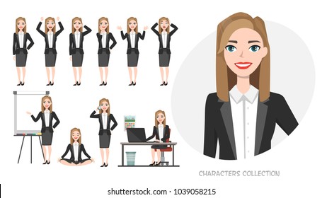 Set of emotions and poses for business woman.Young girl in office suit experiences different emotions and poses