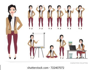 Set of emotions and poses for business woman.Young girl in a cartoon style experiences different emotions and poses.