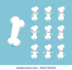 Set of emotions and poses of the character bone in a cute cartoon funny flat style.