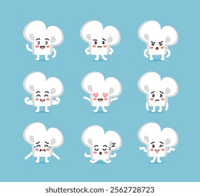 Set of emotions and poses of the character champignon chef in a cute cartoon funny flat style.