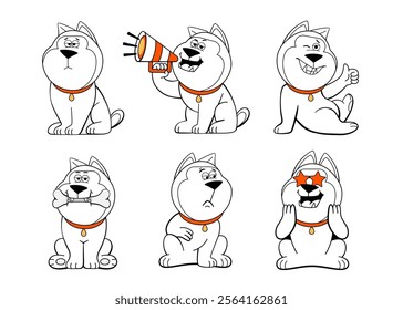 A set of emotions and poses of the character dog, adoration, sadness, like, with a megaphone, with a bone, etc. in doodle style.