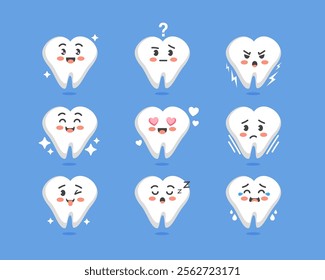 Set of emotions and poses of the character tooth in a cute cartoon funny flat style.