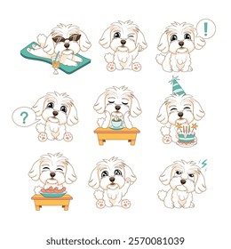 Set of emotions and poses of a dog multipoo, on the beach, eating sausages, like, birthday, drinking coffee, etc. in a cute cartoon style.