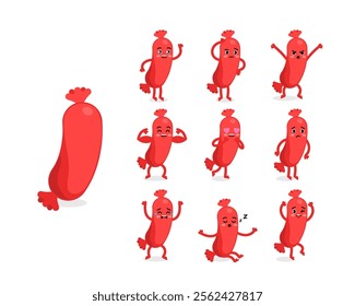 Set of emotions and poses of the sausage character in a cute cartoon funny flat style.