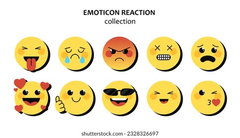 Set of emotions for reactions. Anger, joy, love and sadness. Emoji for social networks and messengers. Happiness and cool. Cartoon flat vector collection isolated on white background