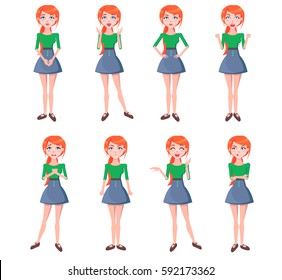 Set of emotions of red-haired girl full-length with blue eyes on white background. Woman dressed in green blouse and blue skirt. Vector illustration of woman expression flat design cartoon style.