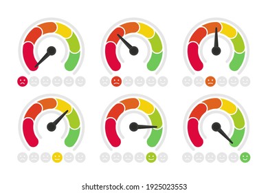 Set of emotions scales, Feedback concept. Rating meter, smiley like and dislike icons. Customer service satisfaction score. The measuring device with Different emotions from red to green