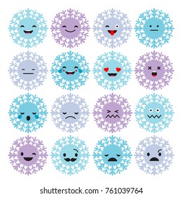 Set Emotions Snowflakes. Cute cartoon. Vector style smile icons. 