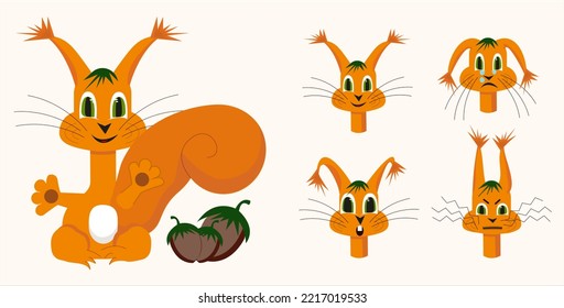 Set emotions squirrel.Happy, sad, crying, astonishment and agry expressions head. Vector illustration. Cartoon Orange squirrel funny for icons, stickers and web. For printing products
