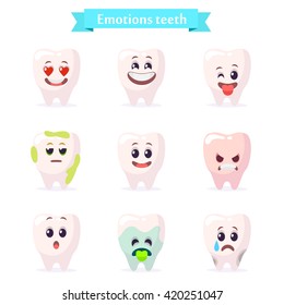 Set emotions tooth flat style isolated on white background