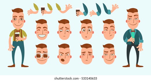 Set of emotions. Vector hipster character in various action. Cartoon design.