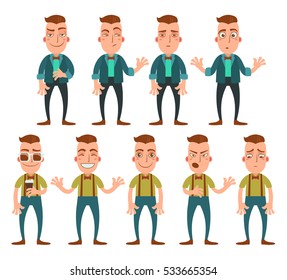 Set of emotions. Vector hipster character in various action. Cartoon design.