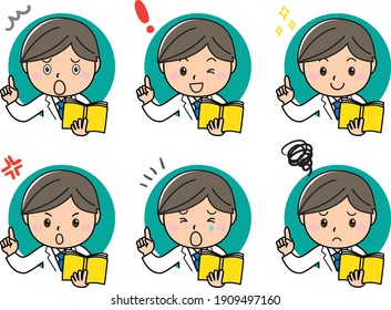 A set of emotions and emotions in which a man wearing a white coat and holding a book points his finger