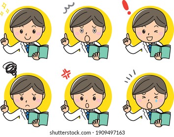 A set of emotions and emotions in which a man wearing a white coat and holding a book points his finger