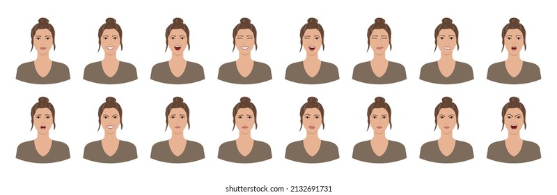 Set of emotions of woman with first wrinkles and gray hair. Female facial expressions. Smile, happy, cheerful, surprised, sad, dissatisfied, irate, angry, terrified emotions. Flat vector character.