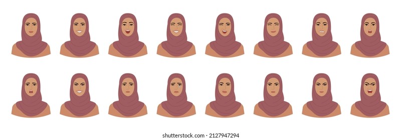 Set of emotions of woman in hijab. Variations of female facial expressions. Smile, happy, cheerful, surprised, sad, dissatisfied, angry, terrified emotions. Flat vector character isolated on white.