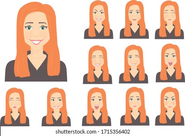 set of emotions of a woman with red hair and green eyes