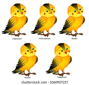 Set of emotions. Yellow bird and her mood. Sad birdie. A cheerful bird. Doubt. Joy. Sadness. Thanks. Inspiration.