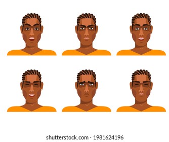 Set of emotions to the young black african american man. Guy in a different mood. Boys emotions, man in a casual cloth. Vector illustration.