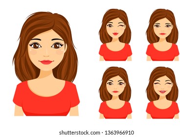 Set of emotions. Young cute girl shows different emotions. Flirting, kissing, angry, funny, unhappy. Flat style on white background. Cartoon